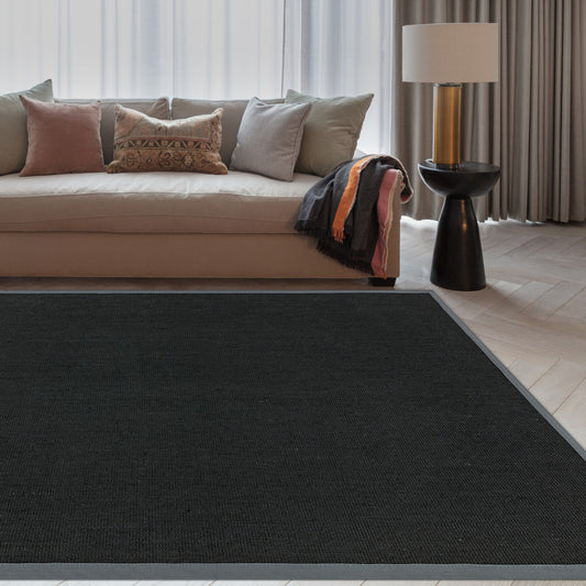 Sisal Plain Border Woven Rugs in Black Grey