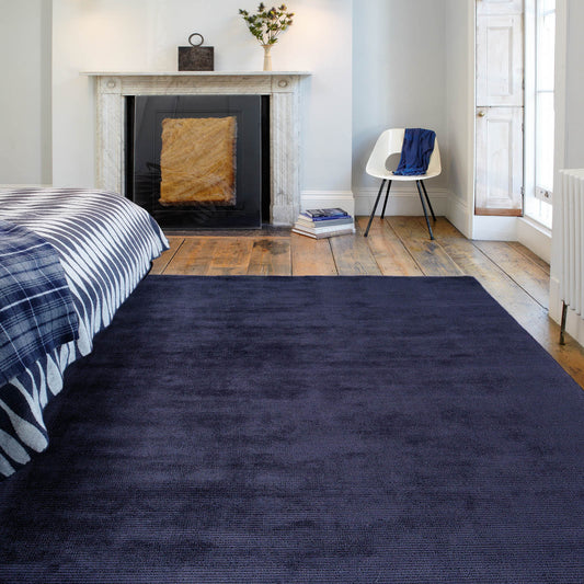 Reko Plain Vicose Rugs in Navy Blue