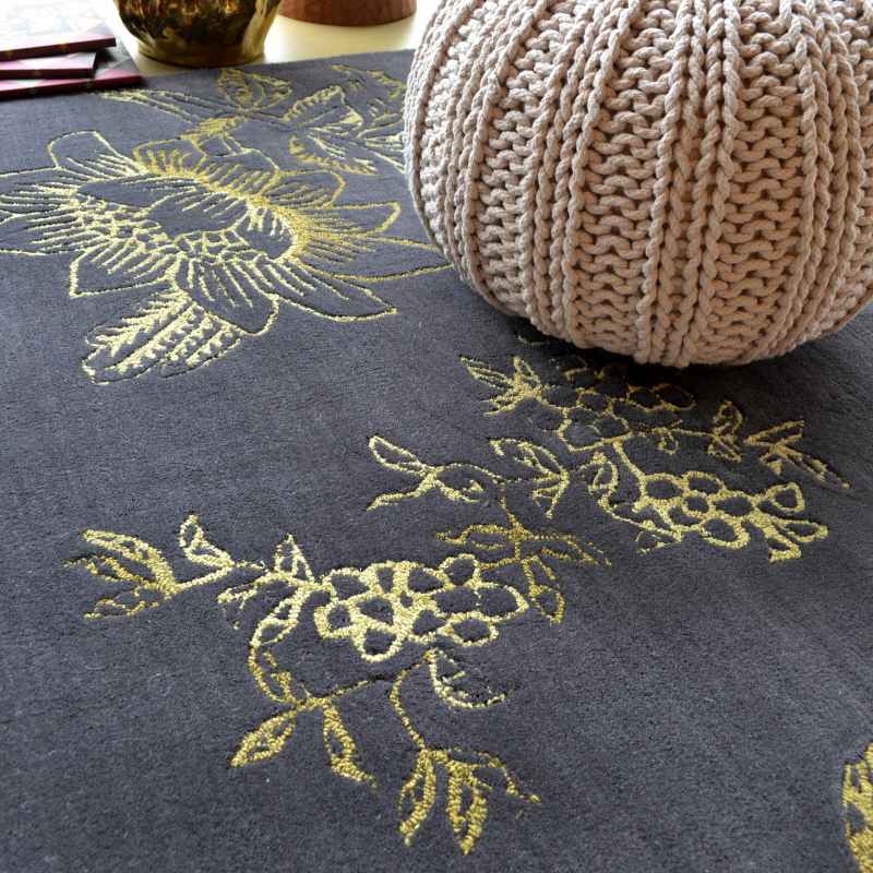 Tonquin Gold Floral Wool Rugs 37005 by Wedgwood in Charcoal Grey