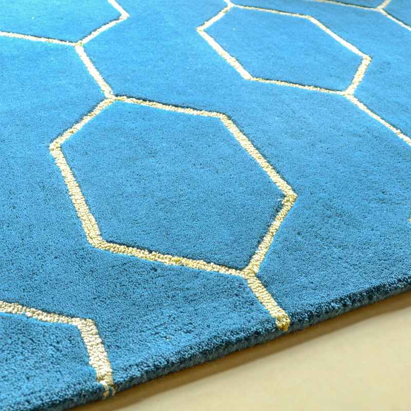 Arris Geometric Wool Rugs 37307 in Teal and Gold by Wedgwood