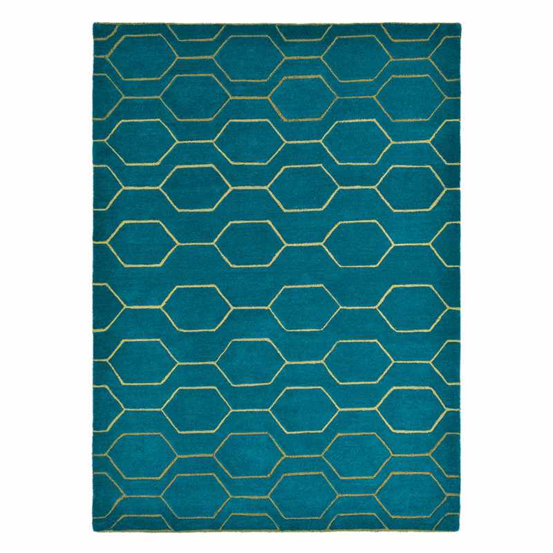 Arris Geometric Wool Rugs 37307 in Teal and Gold by Wedgwood