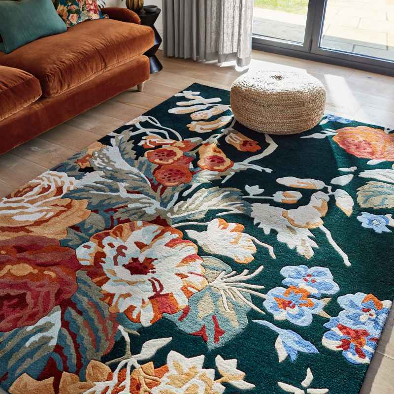 Stapleton Park Floral Wool Rugs 45318 By Sanderson in Navy Burnt Orange