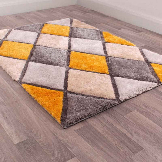 3D Carved Geometric Diamond Rugs in Ochre Yellow