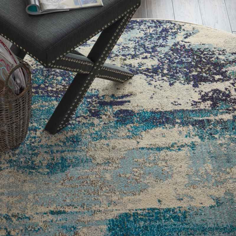 Celestial Modern Abstract Circle Round Rugs CES02 in Ivory Teal blue by Nourison