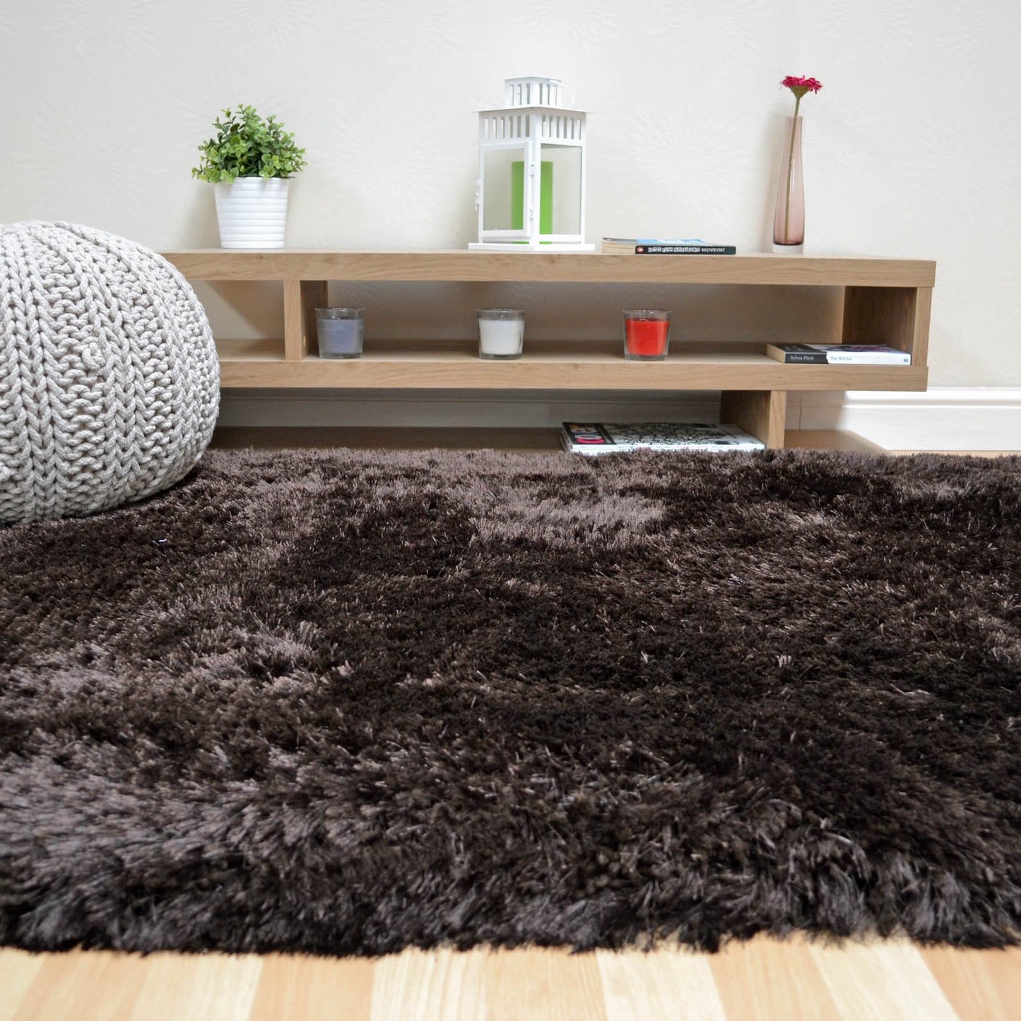 Plush Plain Modern Shaggy Rugs in Dark Chocolate Brown