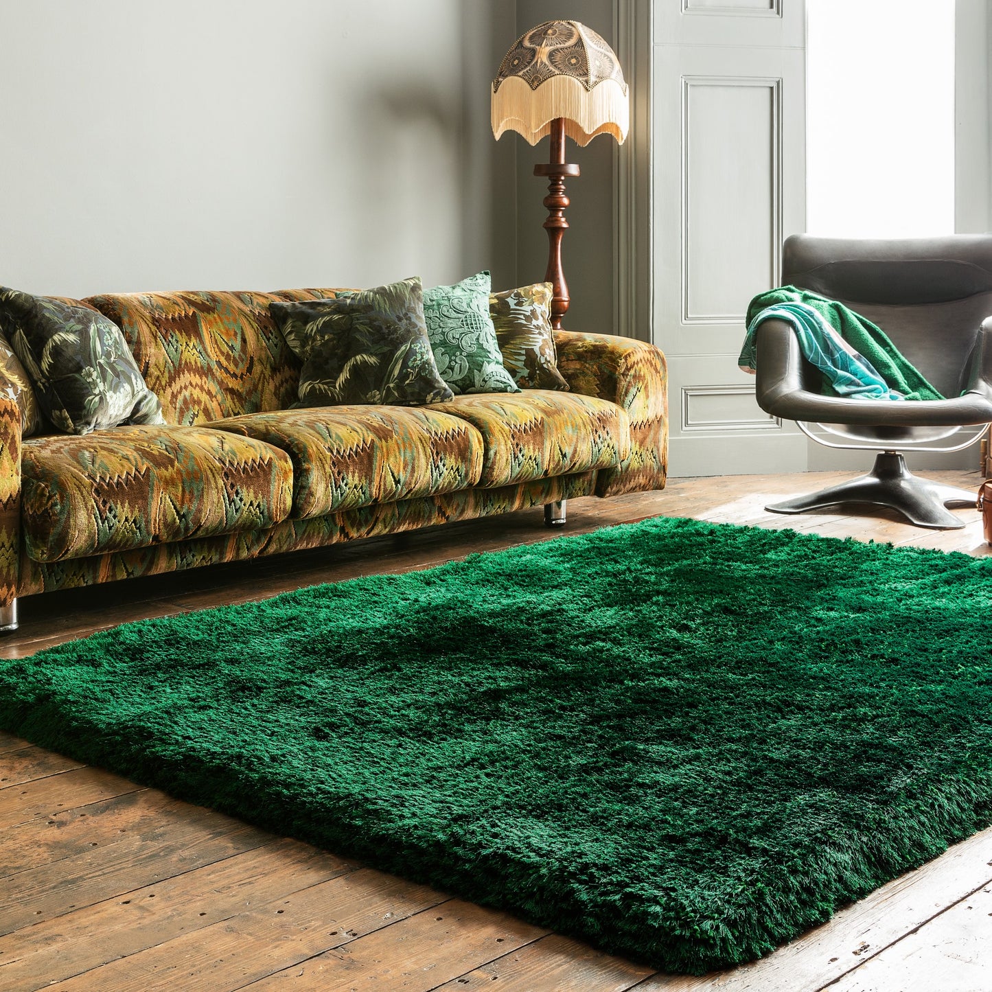 Plush Plain Modern Shaggy Rugs in Emerald