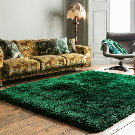 Plush Plain Modern Shaggy Rugs in Emerald