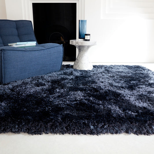 Plush Plain Modern Shaggy Rugs in Navy Blue