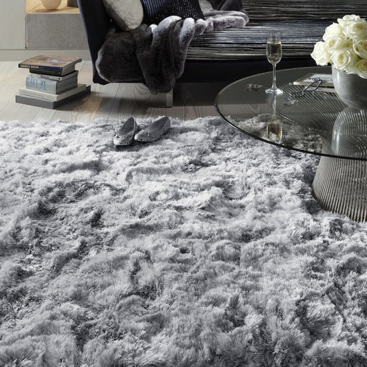 Plush Plain Modern Shaggy Rugs in Silver