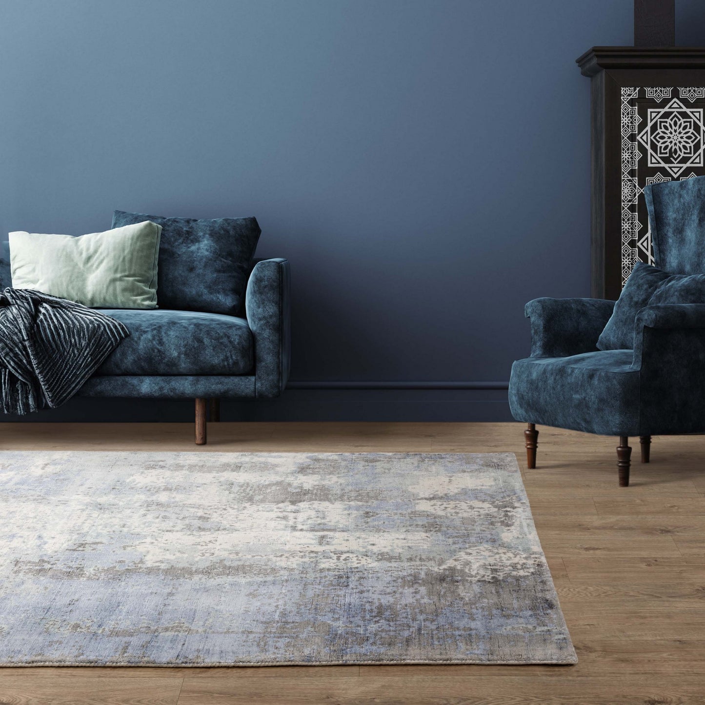 Gatsby Modern Abstract Metallic Viscose Rugs in Navy Blue