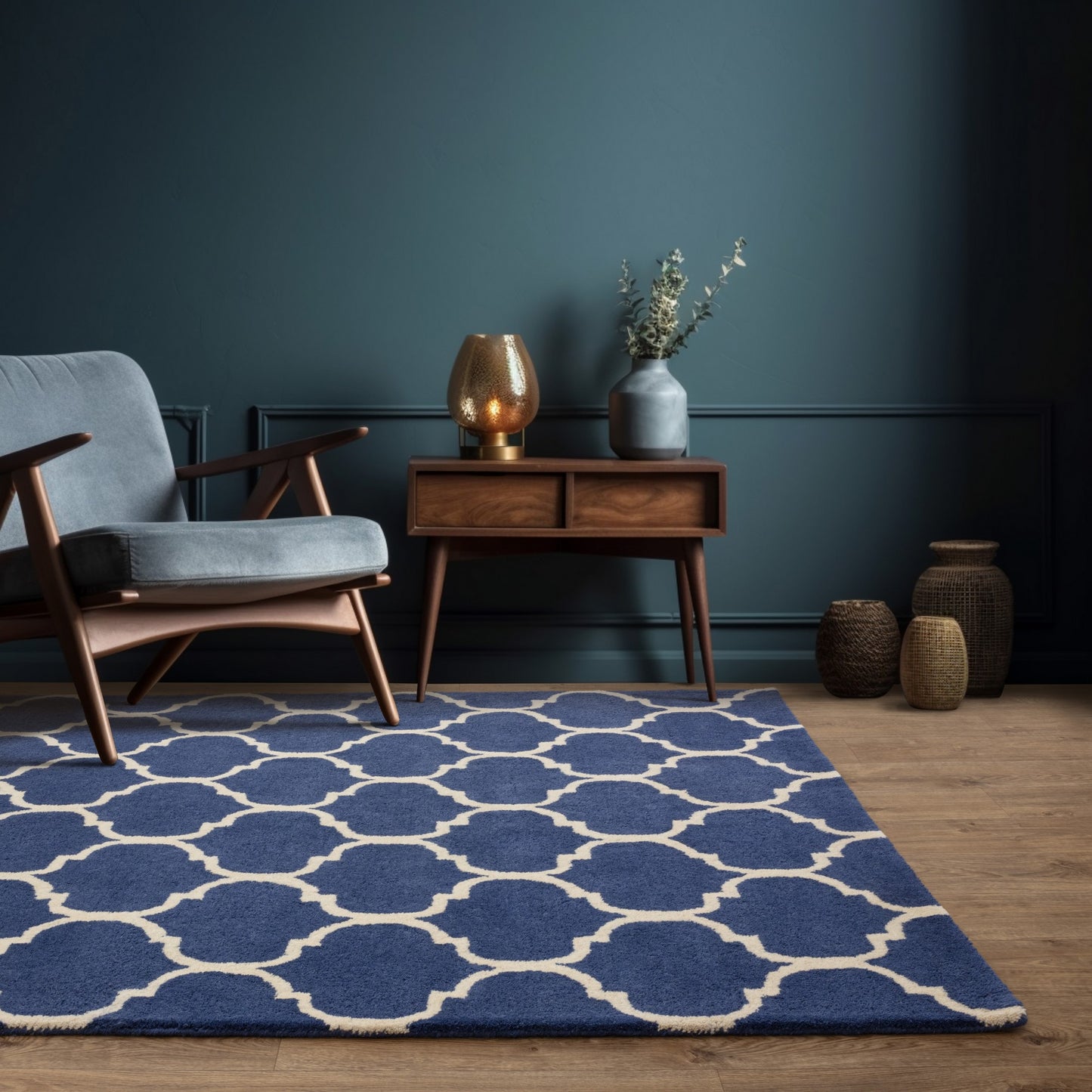 Albany Ogee Modern Arabesque Wool Rugs in Blue
