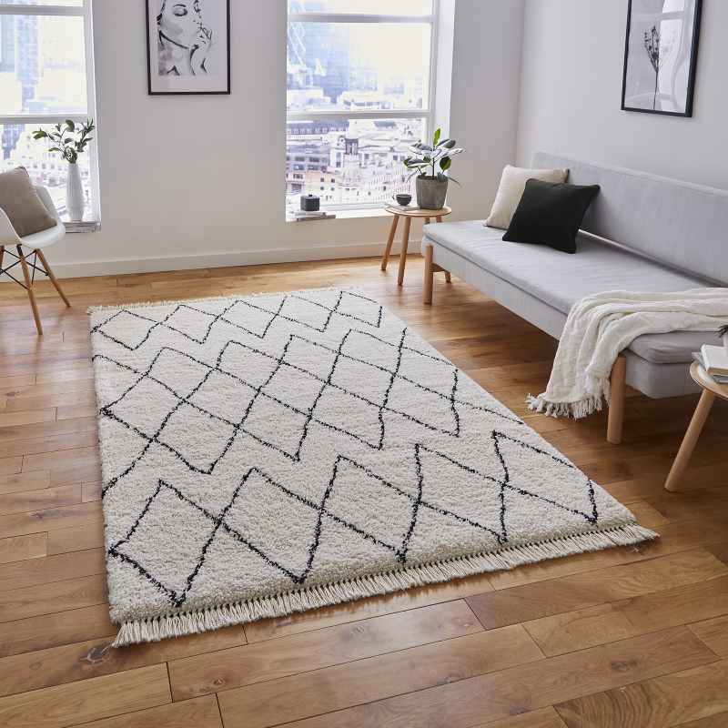 Boho 8280 Berber Shaggy Modern Rugs in White Black