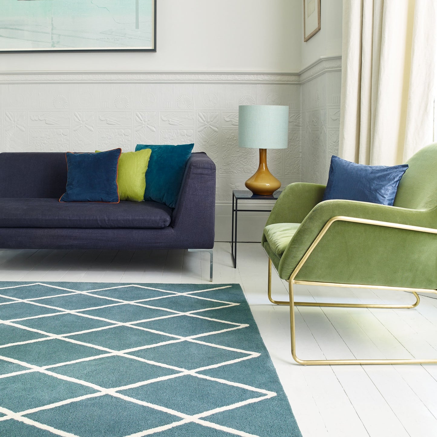Albany Modern Diamond Wool Rugs in Teal Blue