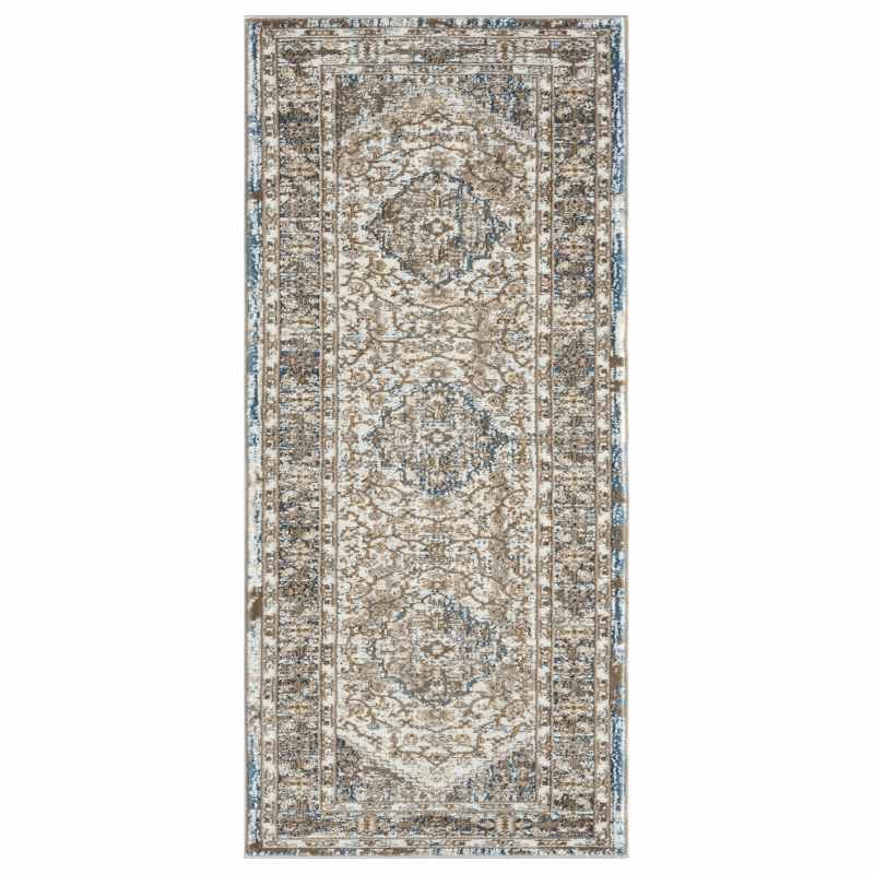 Vintage 552AG Traditional Border Motif Runner Rugs in Blue Anthra