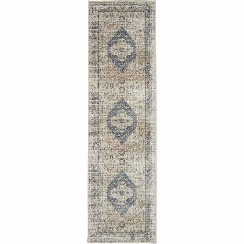 Malta Traditional Border Hallway Runner Rugs MAI11 by Kathy Ireland in Ivory and Blue