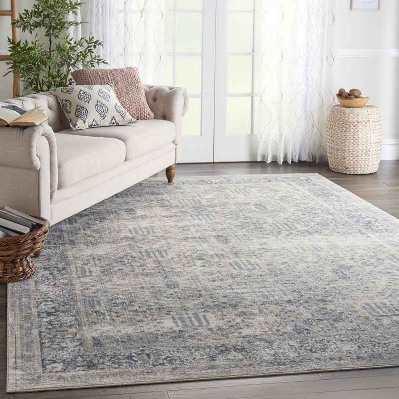 Malta Traditional Border Rugs MAI12 by Kathy Ireland in Ivory and Blue