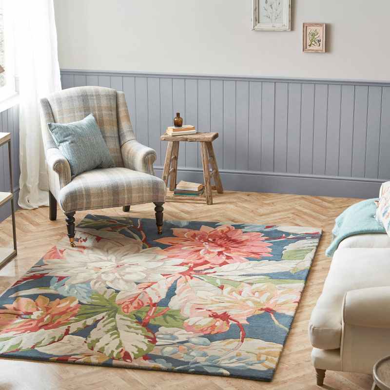 Dahlia and Rosehip Rugs 50608 in Teal by Sanderson