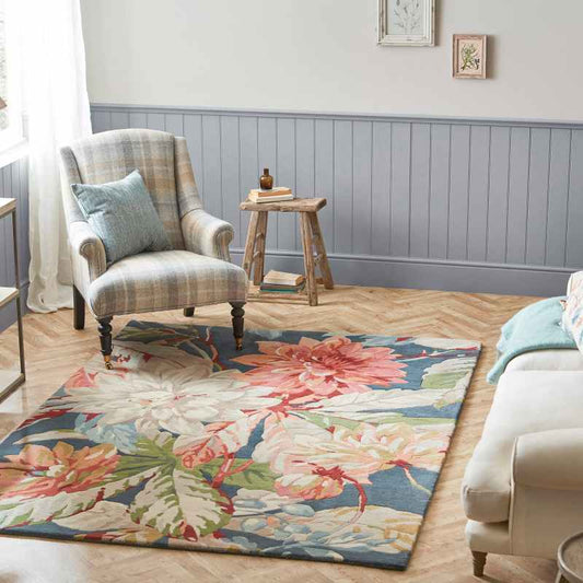 Dahlia and Rosehip Rugs 50608 in Teal by Sanderson