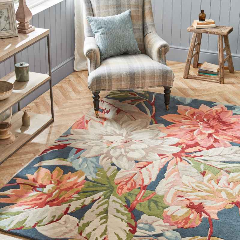 Dahlia and Rosehip Rugs 50608 in Teal by Sanderson
