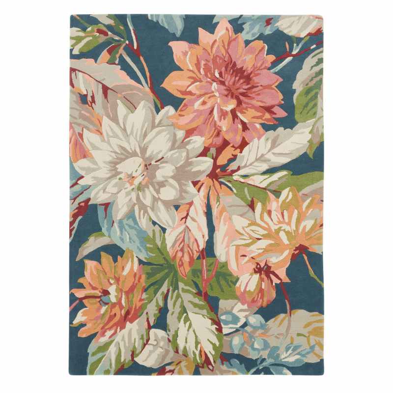 Dahlia and Rosehip Rugs 50608 in Teal by Sanderson