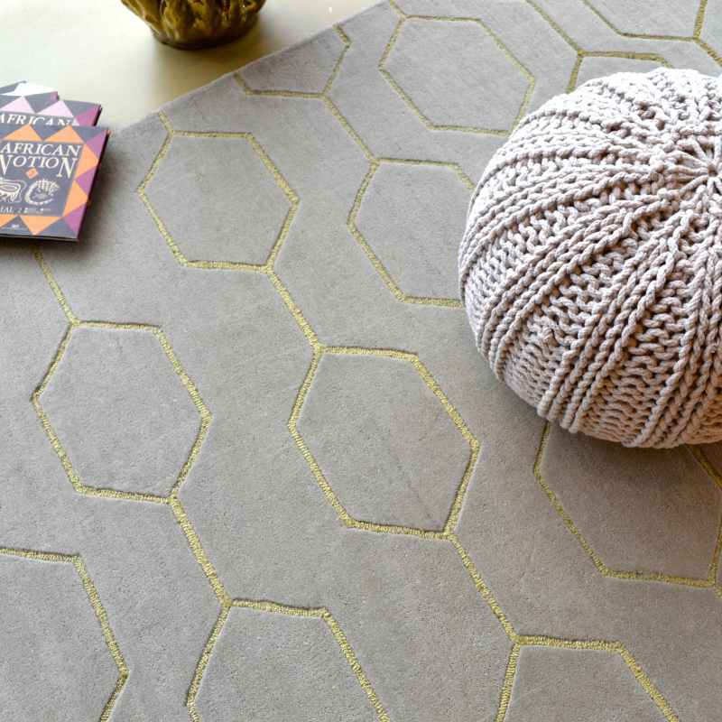 Arris Geometric Wool Rugs 37304 in Grey and Gold by Wedgwood