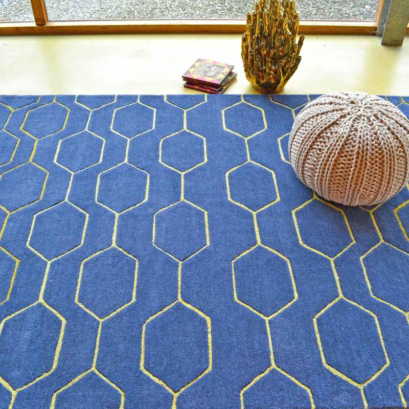 Arris Geometric Wool Rugs 37308 in Blue and Gold by Wedgwood