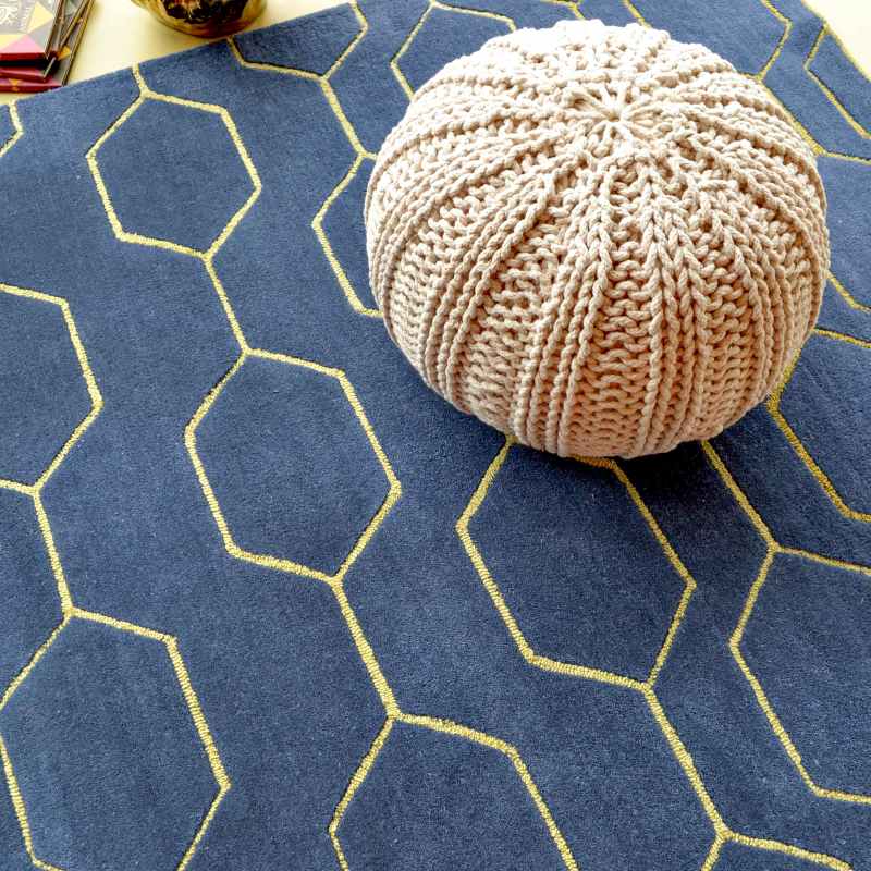 Arris Geometric Wool Rugs 37308 in Blue and Gold by Wedgwood