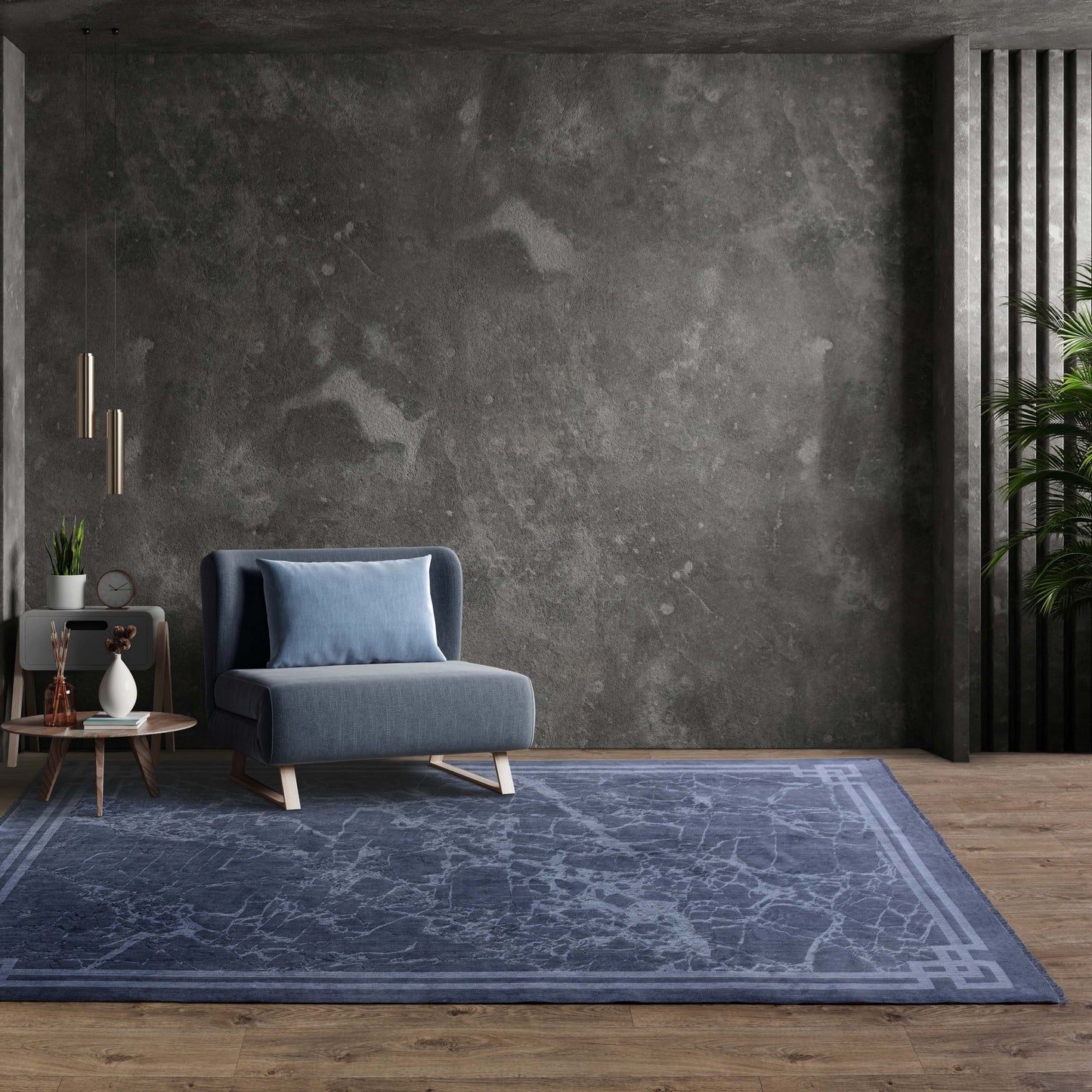 Zehraya Marble Border Rugs in ZE02 Ink Blue