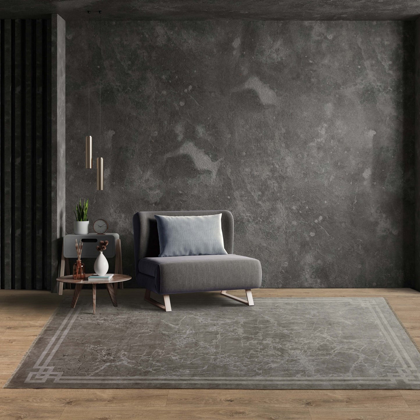 Zehraya Marble Border Rugs in ZE04 Silver Grey