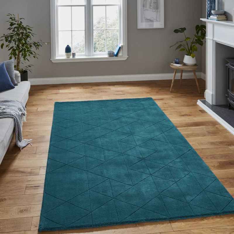 Kasbah KB2025 Geometric Wool Rugs in Dark Teal Blue