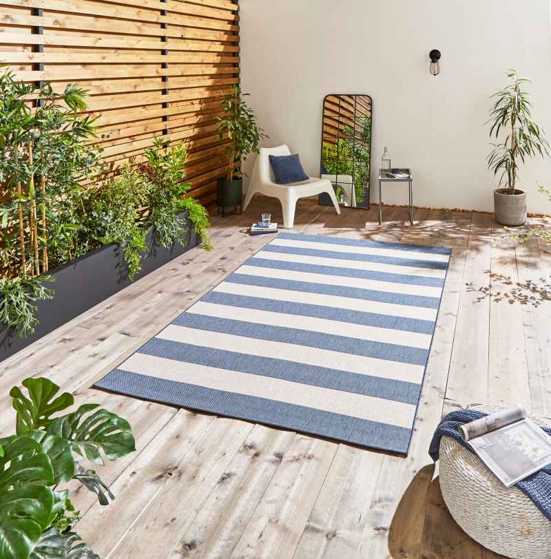 Santa Monica 48644 Indoor Outdoor Stripe Rug in Blue Light Beige