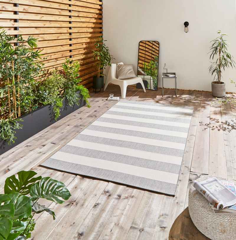 Santa Monica 48644 Indoor Outdoor Stripe Rug in Grey Light Beige