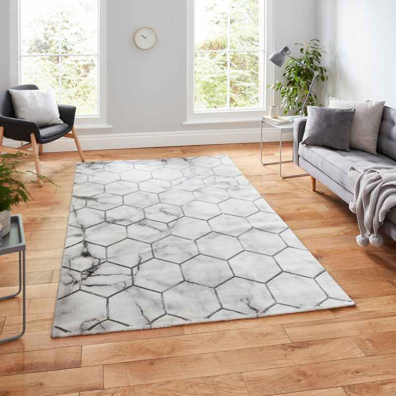 Craft NG719 Marble Effect Honeycomb Rugs in Grey Silver