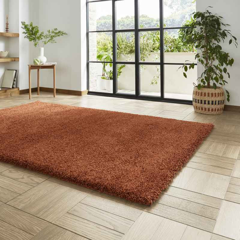 Sierra 9000 Plain Shaggy Modern Rugs in Terracotta Orange