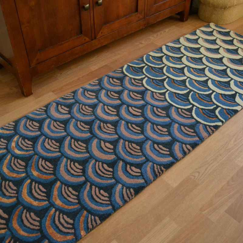 Masquerade Geometric Scale Wool Runner Rugs 16008 by Ted Baker in Blue