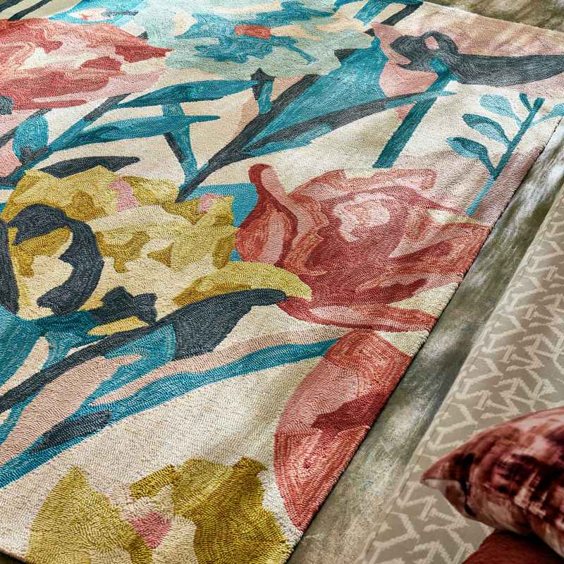 Verdaccio Outdoor Floral Rugs 442802 in Coral by Harlequin