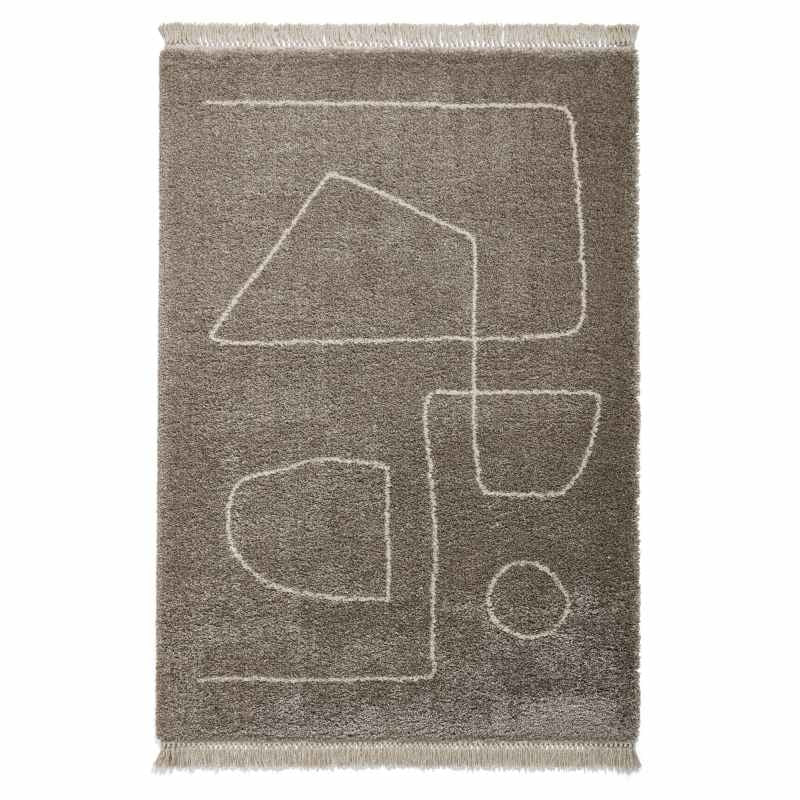 Boho A474 Tassel Hem Geometric Rugs in Grey Cream