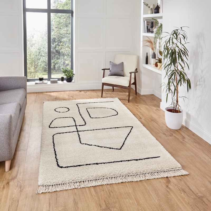 Boho A474 Tassel Hem Geometric Rugs in White Black