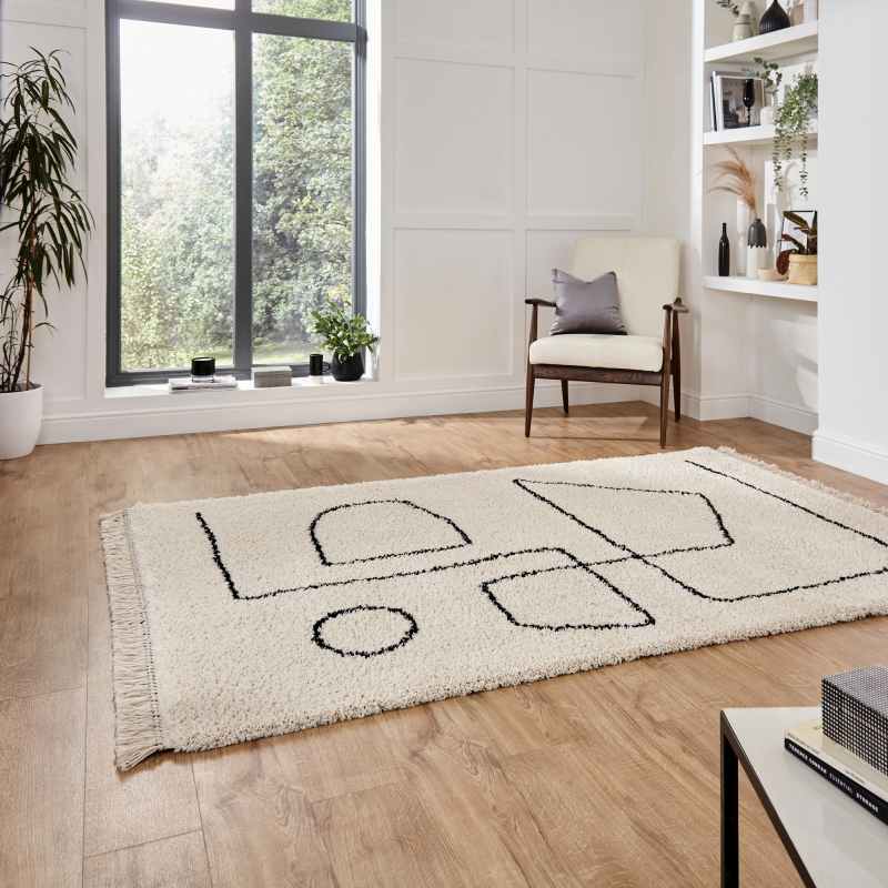 Boho A474 Tassel Hem Geometric Rugs in White Black