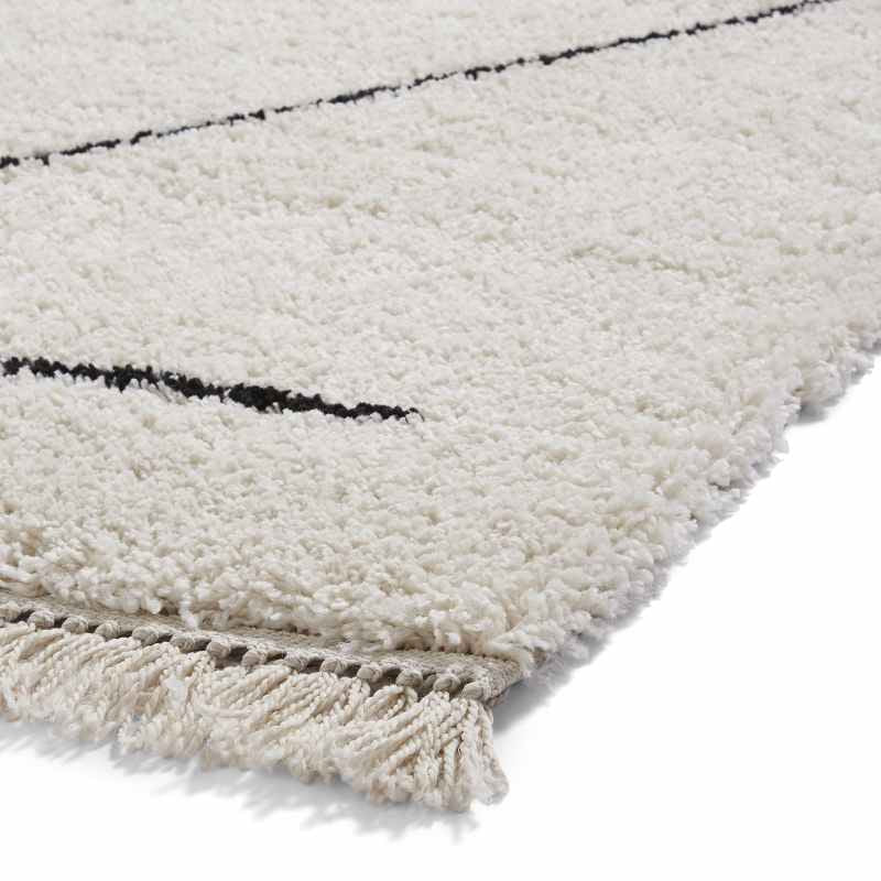 Boho A474 Tassel Hem Geometric Rugs in White Black