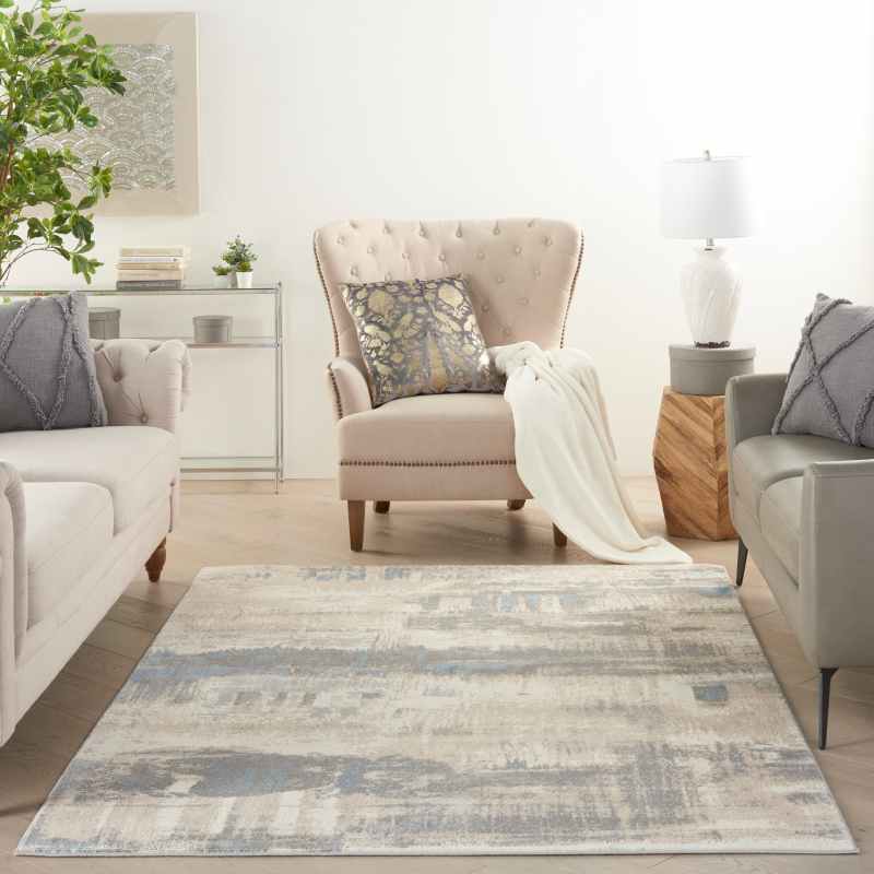 Solace SLA07 Distressed Abstract Rug in Ivory Grey Blue