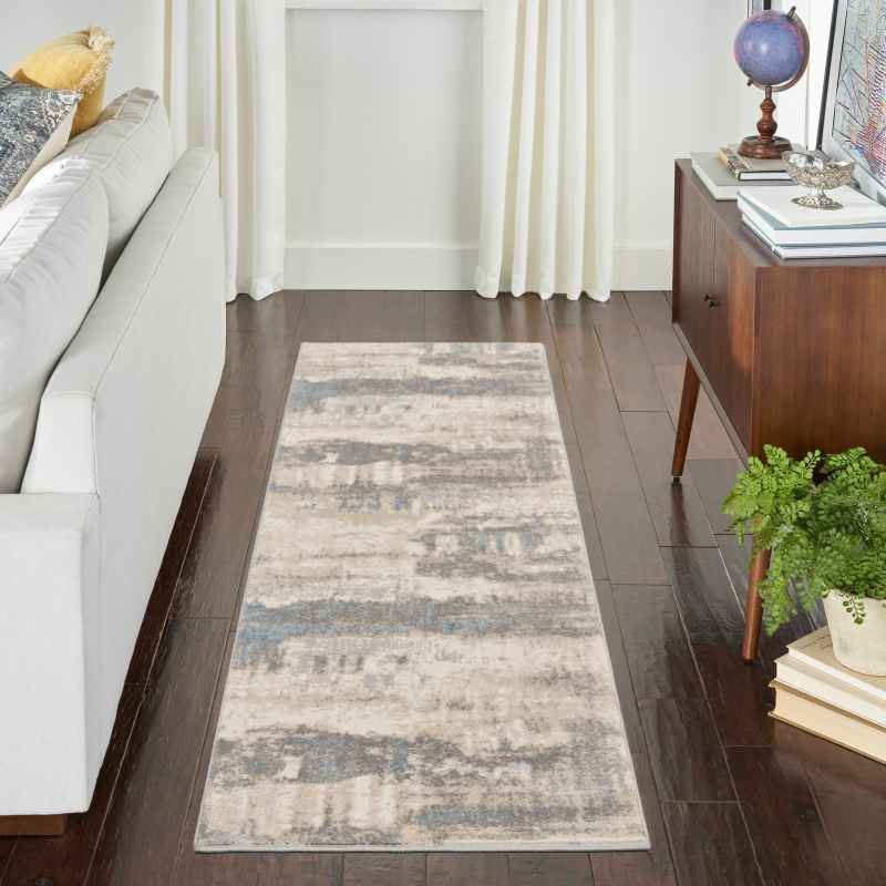 Solace SLA08 Distressed Abstract Runner Rug in Ivory Grey Blue