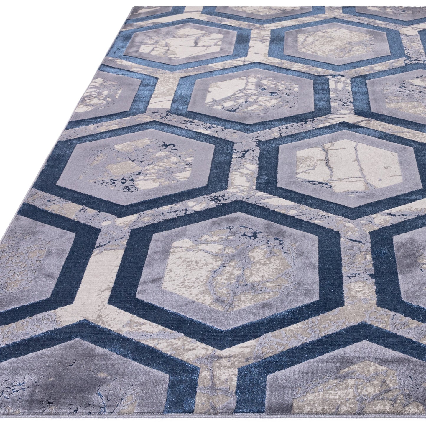 Aurora Hexagon AU19 Geometric Marble Rugs in Blue