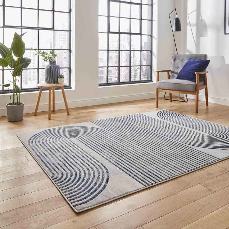 Apollo 2683 Modern Art Deco Geometric Rugs in Grey Navy Blue