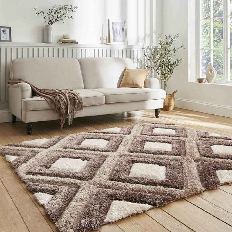 Olympia GR224 Modern Geometric Shaggy Rugs in Beige Brown