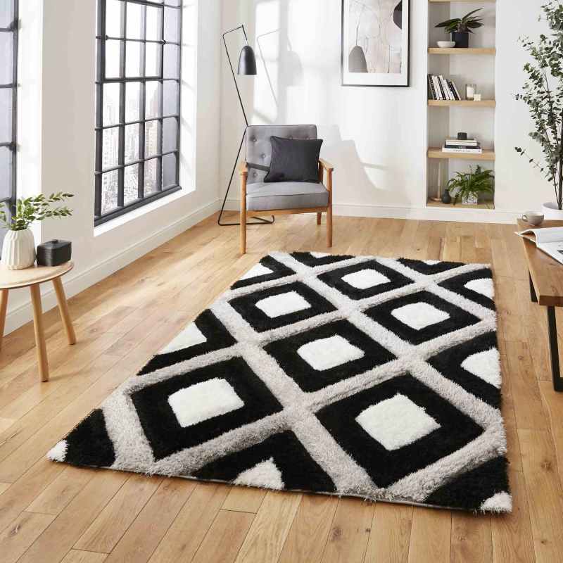 Olympia GR224 Modern Geometric Shaggy Rugs in Black White