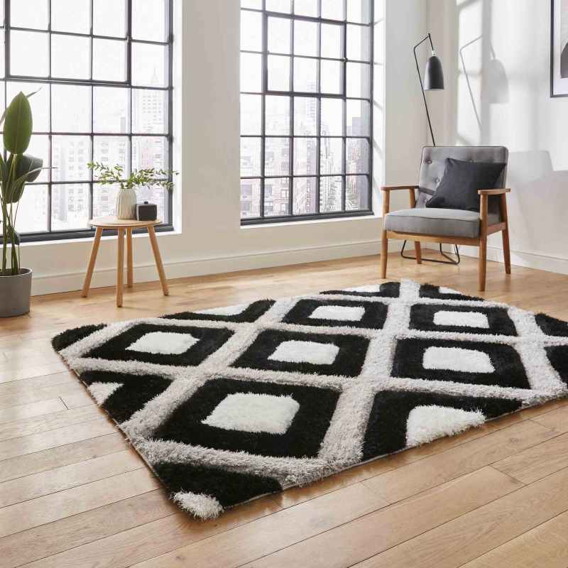 Olympia GR224 Modern Geometric Shaggy Rugs in Black White