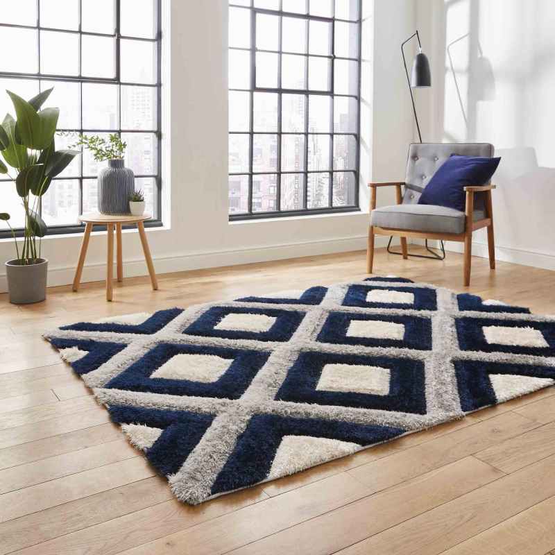 Olympia GR224 Modern Geometric Shaggy Rugs in Grey Navy