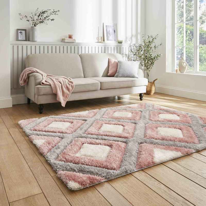 Olympia GR224 Modern Geometric Shaggy Rugs in Grey Pink