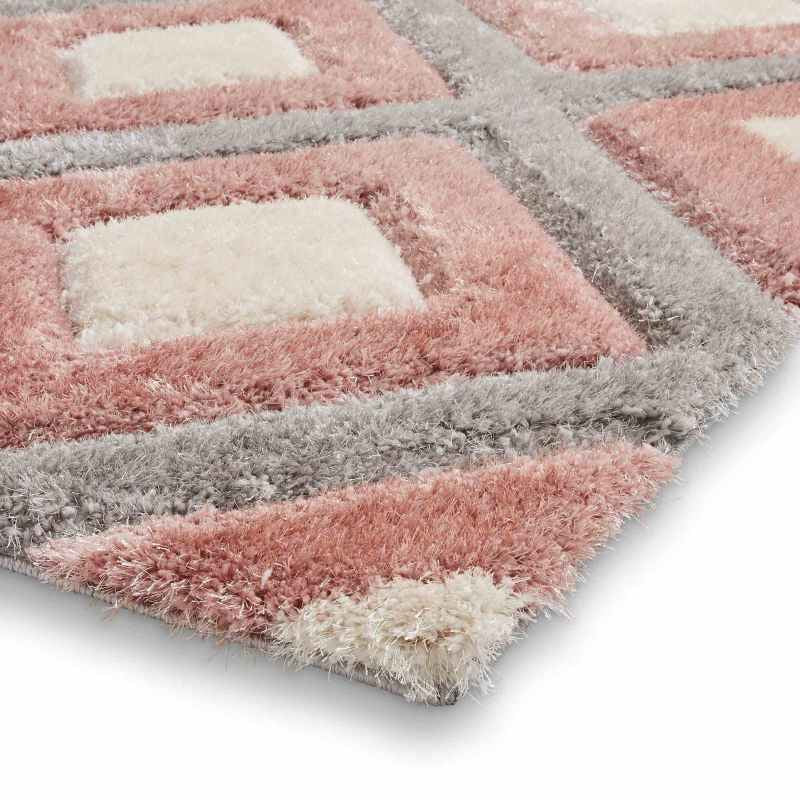 Olympia GR224 Modern Geometric Shaggy Rugs in Grey Pink